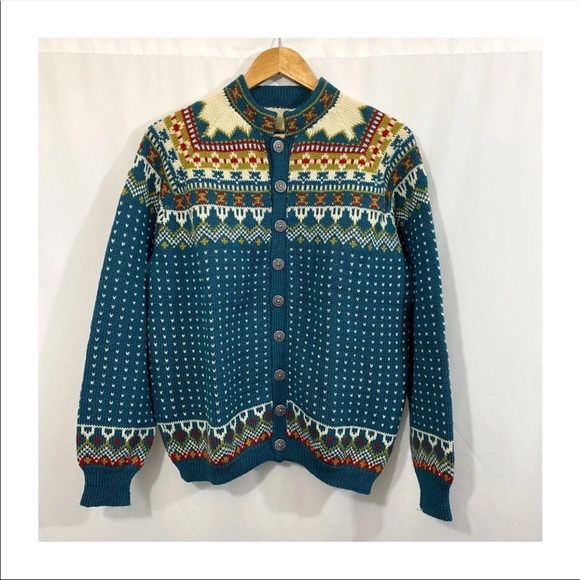 Vintage Sweaters - Vintage 100% Wool Handmade Knit Fair Isle Button Down Cardigan Sweater